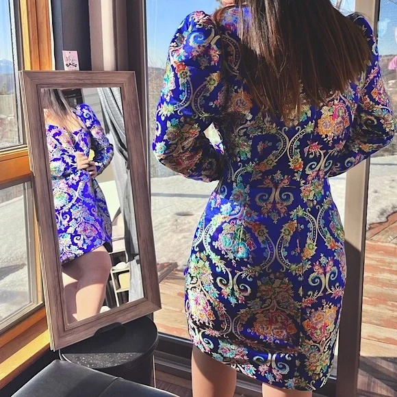 Lavish Alice: Jacquard Corset Embroidered Chinese Cobalt Wrap Mini Dress - Picture 4 of 13